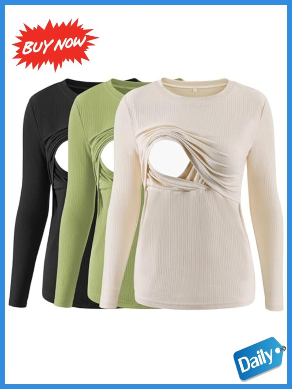 Women's ribbed nursing tops 3 pack long sleeve maternity breastfeeding